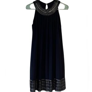 SLNY Navy Blue Formal Dress with Silver Detailing - halter - small